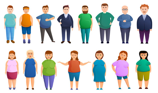 Overweight icons set. Cartoon set of overweight vector icons for web design