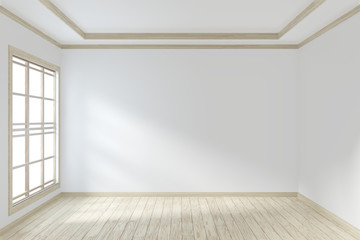 Idea of empty room interior zen style floor wooden on white empty wall.3D rendering