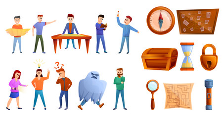 Quest game icons set. Cartoon set of quest game vector icons for web design