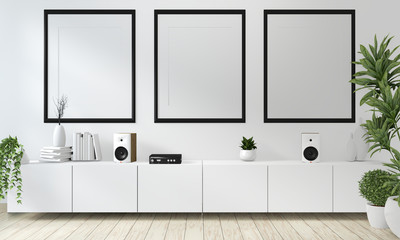 Mock up poster idea of cabinet white on wall and floor wooden room modern zen style.3D rendering