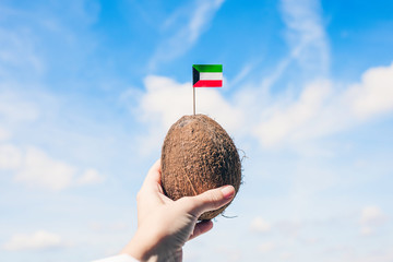 Tropical coconut with Kuwait flag in the form of a toothpick in female hands.  Travel concept