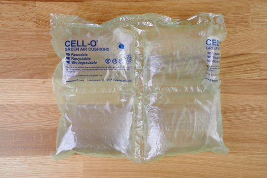 BUDAPEST, HUNGARY - JANUARY 29, 2018: Recyclable, rausable protective package solution to prevent the usage of styrofoam. Air cushions made of biodegradable LDPE