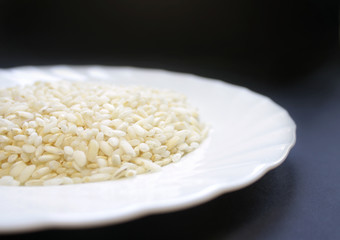 .rice in a white plate on a black background, isolated