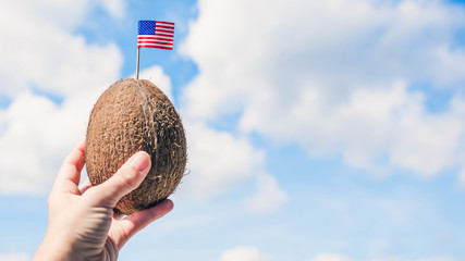 Tropical coconut with the American flag in the form of a toothpick in female hands. Travel concept. American tourist on vacation