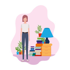 woman standing with bookshelf of wooden and books