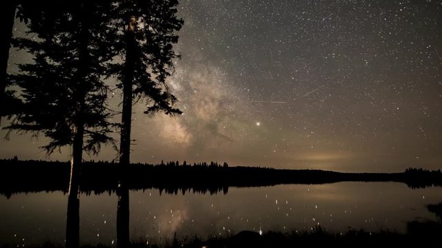 Milky Way and star time lapse over a calm lake with tree silhouettes