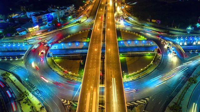 4K, Time lapse traffic at night in the circle and intersection 