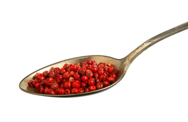Paprika in a spoon on isolate. View from above. Seasoning in an old spoon isolated on a white background. Close-up.