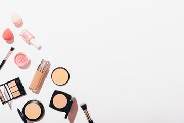 Flat lay composition of women's makeup products