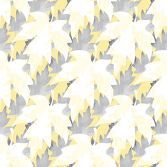 Seamless pattern with patterned leaves. Complex illustration print in grey, black, white, yellow and mustard.