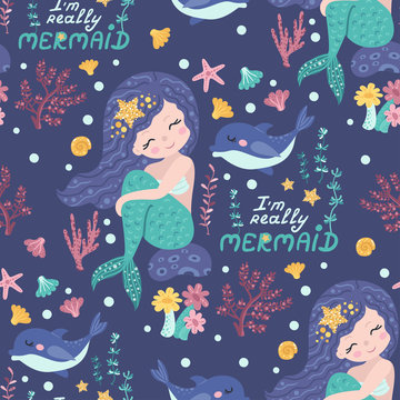 Seamless pattern with cute mermaids, seaweed