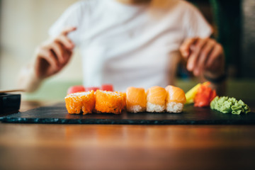 Close-up of served plate of sushi