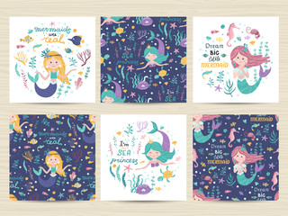 Set of seamless patterns and cards with cute mermaid