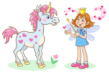 Unicorn and little cute fairy with a magic wand. In cartoon style. Isolated on white background.
