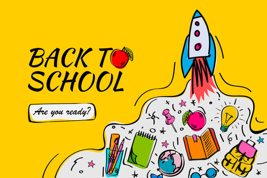 Fototapeta Back to school banner, poster with doodles, vector illustration.