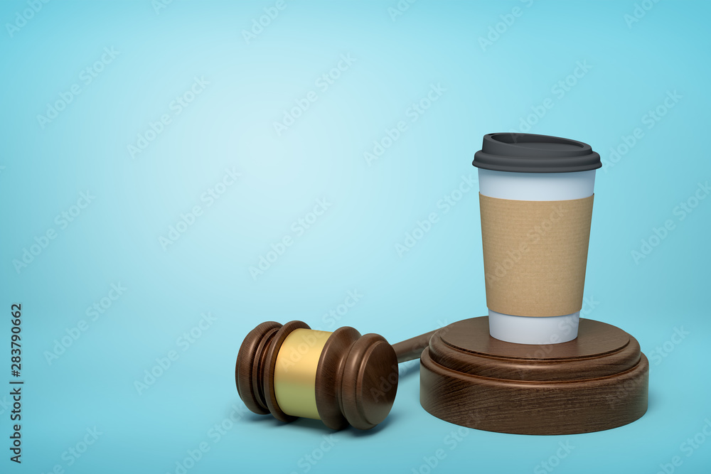 Poster 3d rendering of paper coffee cup standing on sounding block with gavel lying beside on light-blue ba