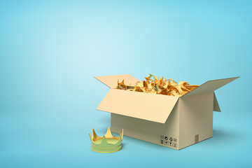 3d rendering of cardboard box full of golden crowns on blue background.