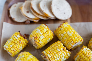 mini corn on the cob and quesadillas 