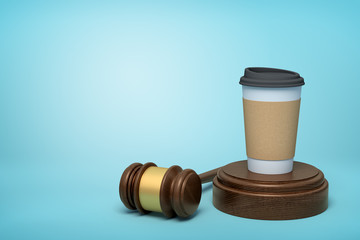 3d rendering of paper coffee cup standing on sounding block with gavel lying beside on light-blue background with copy space.