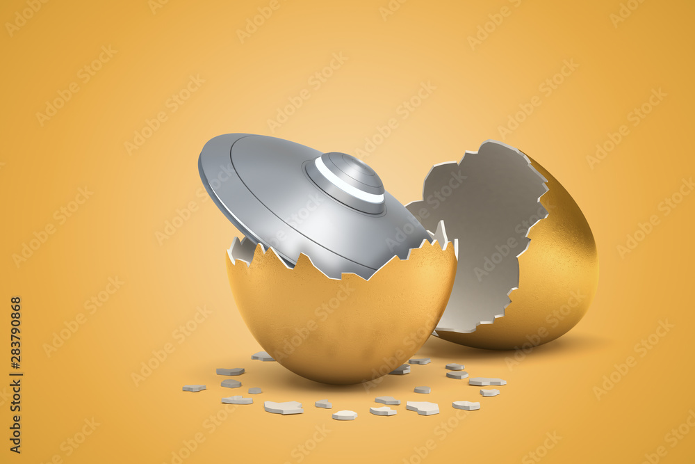 Aufkleber 3d rendering of light-grey shiny flying saucer that just hatched out from golden egg.
