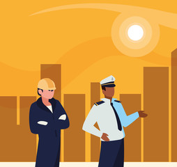 couple of professional workers in cityscape at sunset