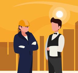 Fototapeta premium couple of professional workers in cityscape at sunset