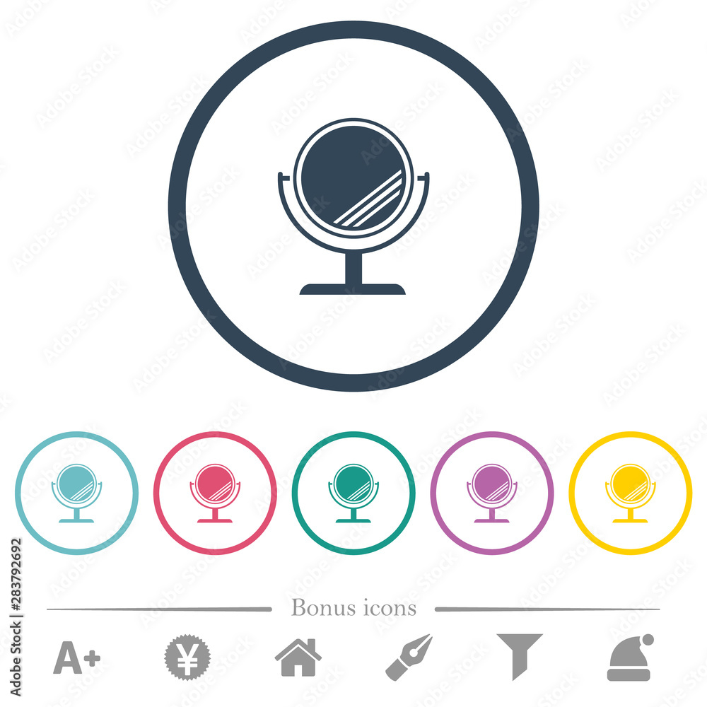 Poster desk mirror with reflection flat color icons in round outlines