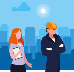 couple of professional workers in cityscape at sunrise