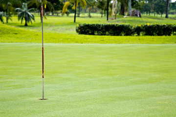 Obraz premium Golf hole in a green grass field background