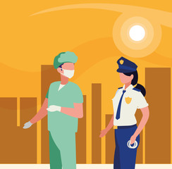 couple of professional workers in cityscape at sunset