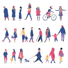Fototapeta na wymiar A crowd of people walking with children or dogs, riding bicycles, standing. Cartoon of men and women walking outdoors on a city street. Flat colorful vector illustration.