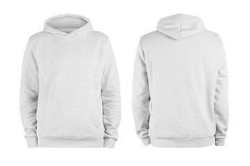 Men's white blank hoodie template,from two sides, natural shape on invisible mannequin, for your design mockup for print, isolated on white background