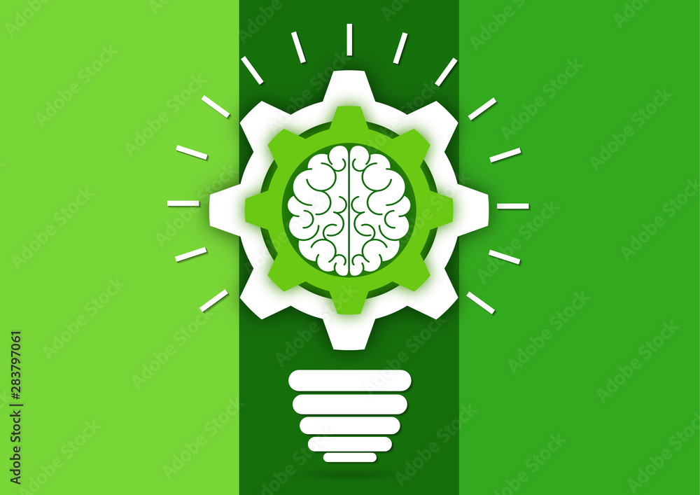 Wall mural creative light bulb with gears and brain working together. brainstorming, intellectual power, a new 