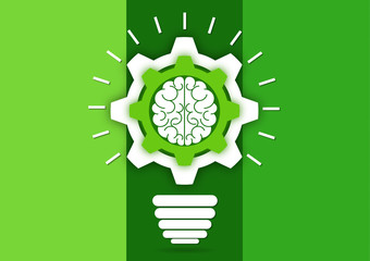 Creative light bulb with gears and brain working together. Brainstorming, intellectual power, a new concept of innovative ideas.