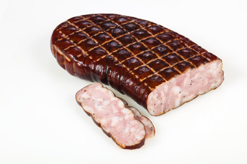 Tasty meat sausages over white background