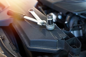 mechanical workshop, tools in the car engine