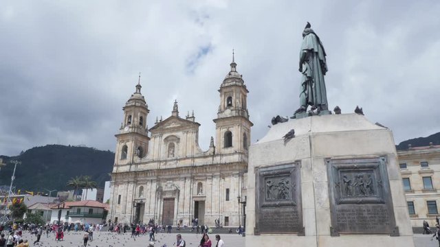 Timelapse cathedral of bogota colombia, simon bolivar statue sudamerica, catholic cathedral 