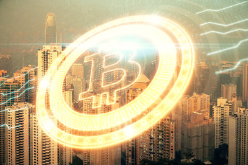 Double exposure of crypto currency theme hologram drawing and city veiw background. Concept of...