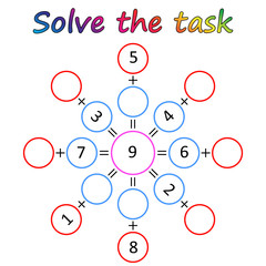 Worksheet. Mathematical puzzle game. Learning mathematics, tasks for addition  for preschool  children. worksheet for preschool kids - vector