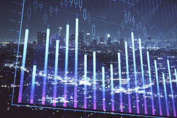 Financial graph on night city scape with tall buildings background multi exposure. Analysis concept.