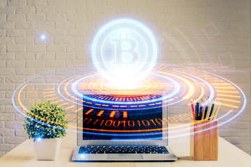 Double exposure of blockchain and crypto economy theme hologram and table with computer background....