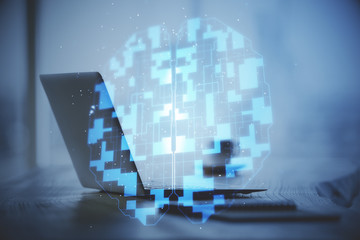 Double exposure of table with computer on background and data theme drawing. Concept of innovation.