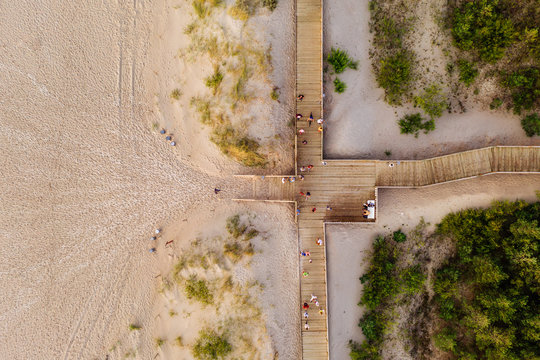 Aerial drone photography of the Baltic sea shoreline. Dziwnowek, Poland.