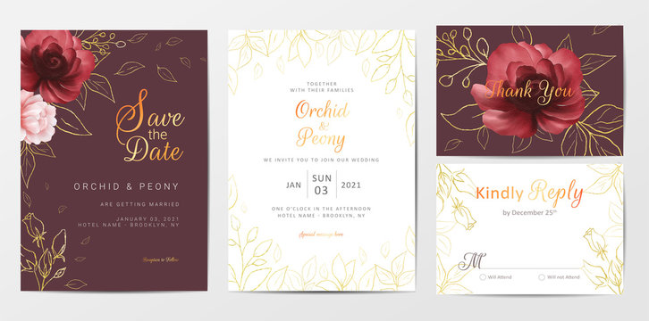 Elegant golden flowers wedding invitation cards template set - Powered by Adobe