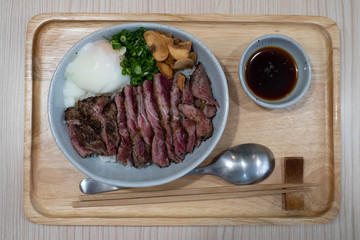Japanese beef bowl or gyudon in Japanese, beef cook with onion and soy suace.
