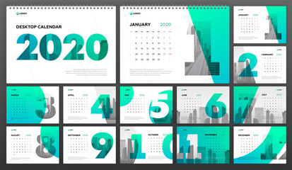 Desk Calendar 2020 template business. Week starts on Monday. Set of 12 calendar pages designs print layout. Wall calendar planner templates.