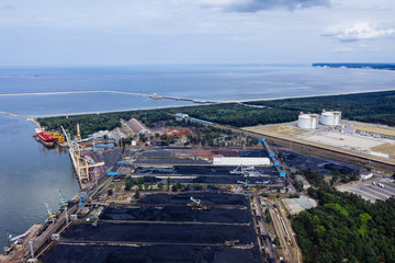 Aeial drone photography of a logistics/cargo shipyard. Swinoujscie,  Poland. 