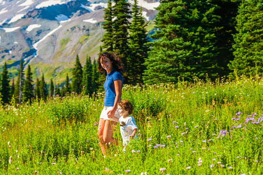 Teenage sister walking younger brother between two fields of wild flowers in Mt. Rainier National Park.