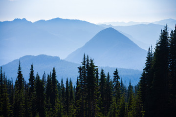 Hazy scenic view of mountain ranges in Mt. Rainier National Park.