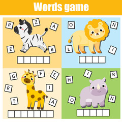 African animals. Write missing letters and complete words. Crossword for kids and toddlers. Educational children game.
